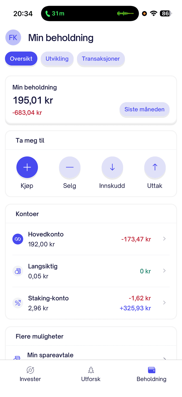 Firi beholdningsoversikt med kontoer og hurtigknapper