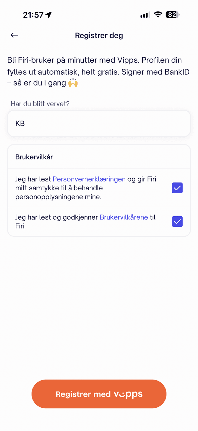 Firi registreringsskjerm med BankID og Vipps