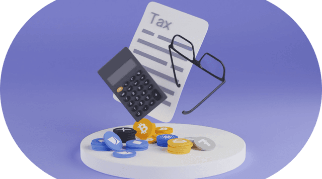 Firi skatteberegner illustrasjon med kalkulator og kryptomynter