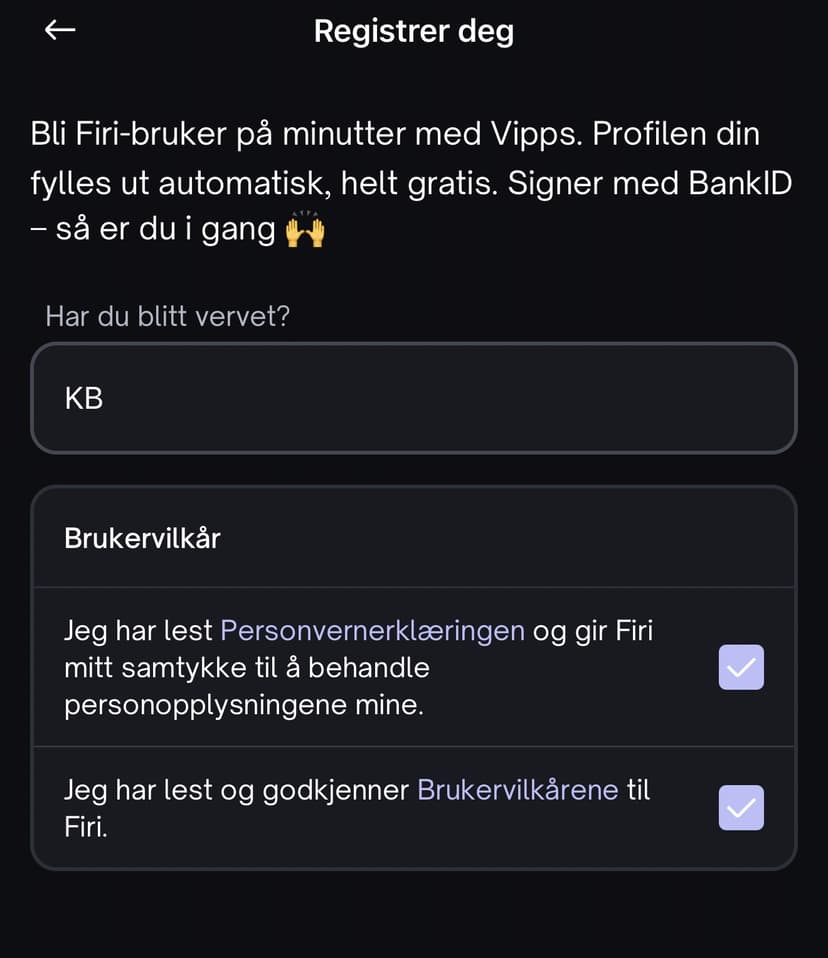 Firi-appen — registreringsskjerm med vervekode KB og BankID-verifisering