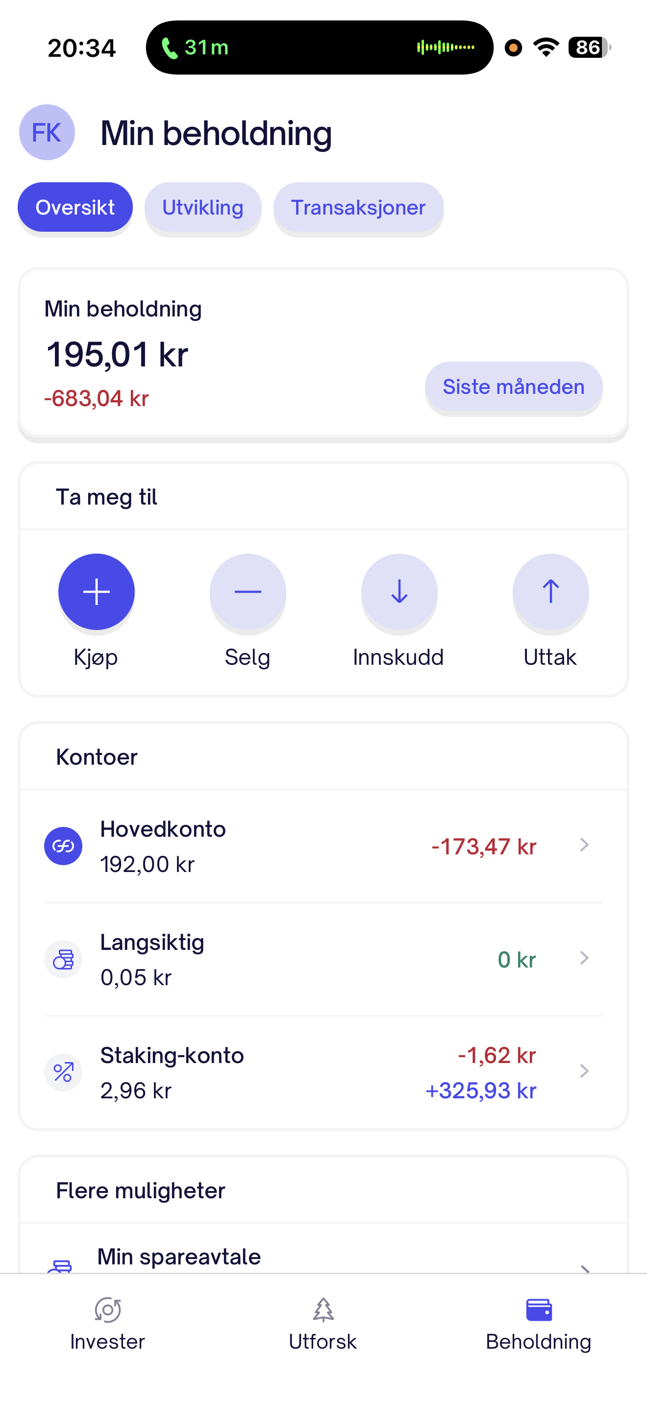Firi-appen – Min beholdning med oversikt over kontoer